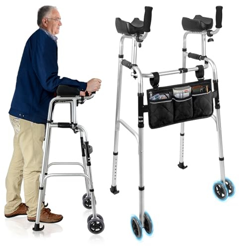 Höhenverstellbarer Gehwagen Gehhilfe für Senioren mit Armauflage - Aufrechter Rollator mit Doppelrollen, faltbar & leicht aus Aluminium,Gehhilfe mit Tasche, Height Adjustable Aluminum Walking Aids