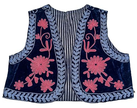 Women's Free Size Velvet Embroidered Boho Waistcoat Jacket – Traditional Floral Design – Sleeveless Ethnic Vest (US, Alpha, One Size, Regular, Regular, Turquoise)