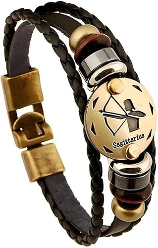 12 Constellation Men's Leather Bracelet Microfibre Leather Braided Bracelet Wrap Bracelet with Magnetic Clasp Length 21 cm, One Size, Leather, No Gemstone