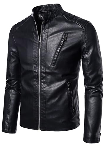 Chaqueta de cuero para hombre, estilo casual, cuello alto, corte ajustado, de piel sintética, estilo motero.