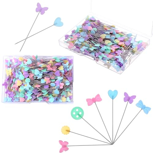 DOPENSPI 500 pines rectos de cabeza plana, 5 estilos de alfileres de costura con cabeza colorida, pin recto con caja de almacenamiento para proyectos de costura, manualidades, modista, decoración de