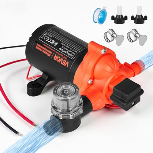 VEVOR Bomba de Diafragma, 12 V DC, 15,1 L/min, Autocebante, de 3 Cámaras con Presostato Automático, Presión de 2,75 Bar, para Autocaravanas, Caravanas, Barcos, Yates y Lavaderos de Coches, 156 W