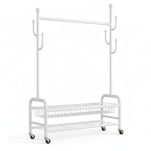 MartMark Burro Ropa Resistente con Ruedas y Freno - Armario Ropero Abierto | Acero al carbono blanco para interior. 172x90x28cm. Soporta 60kg. Perchero portátil con cesta, estante y fácil montaje