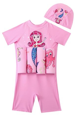 Maillot de Bain Flottant Enfant Fille Imprimé à Manches Courtes Costume de Bain Piscine Plage Enfant Maillot de Bain Bouée Intégré avec Des Bâtons de Flottabilité pour Natation Débutant Training