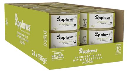 Applaws 100% Natural Wet Cat Food, Tuna Fillet with Seaweed 24 x 156g Tins