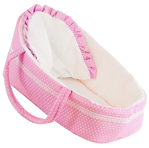 The Magic Toy Shop BiBi Doll Baby Doll Carry Cot up to 15 - Pink Polka Dot Bassinet with Pillow & Carry Handles, Portable Sleeping Carrier Bed for Girls & Boys Aged 18 Months+
