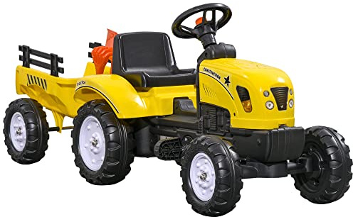 HOMCOM Porteur Tracteur Enfants avec remorque, râteau et Pelle, Tracteur à pédales 6 Roues, Charge 35 kg, pour 3+ Ans, Jaune