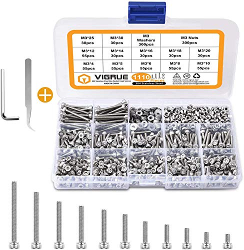 M3 Schrauben Set, VIGRUE 1110Pcs M3 Sechskantschraubenset, Edelstahl Metrische Schrauben und Muttern set, SchraubenSortiment Innensechskant Gewindeschrauben,Maschinenschrauben