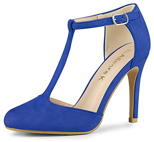 Allegra K Donna Punta arrotondata Tacco a spillo T-Strap Dress Pumps, Blu scuro, 39 EU