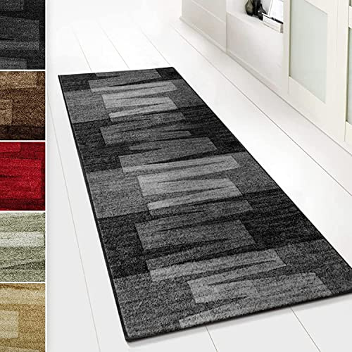 KARAT Tapis de Cuisine Ignifuge - Tapis de Course Noir 80x300 cm - Velours Fin, Confort Pieds Nus - Qualité Allemande - Carpette pour Couloir et Salon, Compatible avec Chauffage au Sol - Via Veneto
