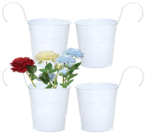Dtoterul Hängender Blumentopf 4 Stück Blumentöpfe mit Haken Blumenvase Hängetopf Metall Blumeneimer zum Aufhängen Haken Blumentopf Balkon Übertopf Deko Blumenkasten mit Drainageloch Abnehmbar Haken
