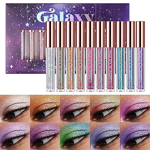 10 Colors Glitter Liquid Eyeshadow Set Metallic Glitter Shimmer Smokey Eye Looks Waterproof Long Lasting Quick-Drying Sparkling Eye Shadow (Set B)