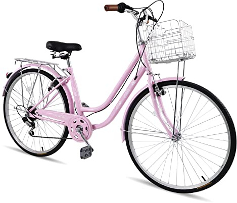 Ktaxon Women Bike 24/26 Inch Bicycles for Women, Beach Cruiser Bike with Premium Derailleur & Shift Lever, Adjustable Seat, High-Carbon Steel Frame and Excellent Welding Technology (26 Pink)