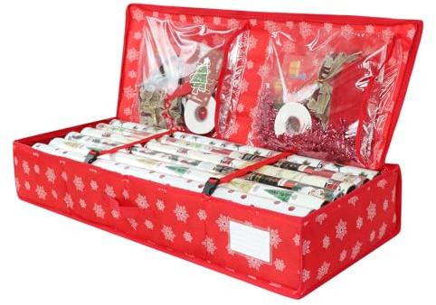 Christmas Wrapping Paper Storage Bag with Interior Pockets Holds, Wrap Organizer, Christmas Decoration Storage Box with Carry Handles, Card Slot, Dual Zippered Closure for Cards, Bows, Tags & Ribbons