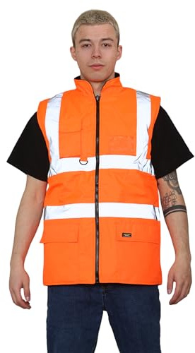 Grunge Wear® Hi Vis Bodywarmer Fleece Lined Reversible Gilet Jacket - Hi Viz High Visibility Waterproof Workwear Security Safety Wear Warm Sleeveless Waistcoat Body Warmer Vest Top (Orange, Large)
