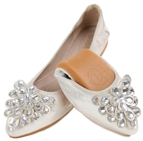 ZQKSEOHS Flats Shoes for Women Rhinestone Wedding Ballerina Shoes Foldable Sparkly Comfort Slip on Flat Dressy Flats Silvery Size 7.5