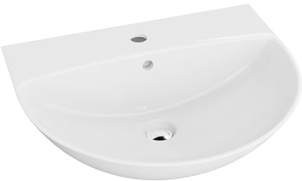 LAVITA Hängewaschbecken Corel | Waschbecken hängend | Waschtisch Rund | Waschbecken mit Überlauf und Hahnloch | Hochwertige Keramik | Badezimmer | 56x47x19 cm | Weiß Glanz