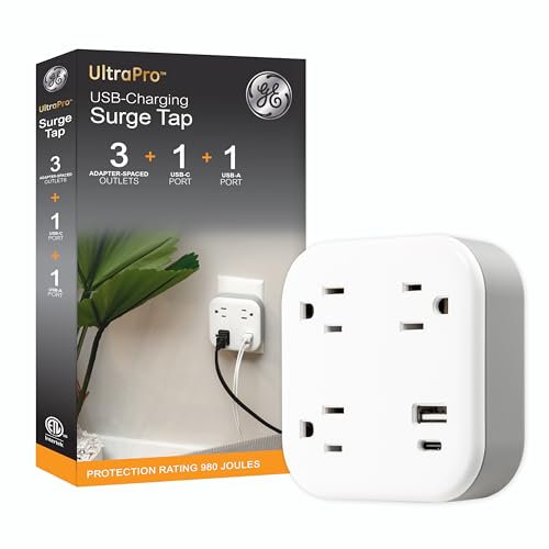 GE UltraPro 3 vías de protección contra sobretensiones, extensión de enchufe con USB, llave de pared, 1 USB-A, 1 USB-C, adaptador remoto, para hogar u oficina, 900 julios, estación de carga, color