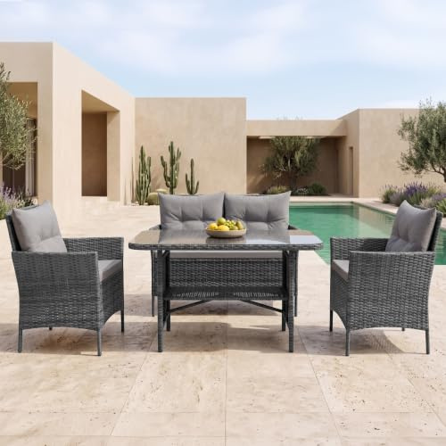 EVRE Mixed Grey Florence Garden Rattan Furniture Set 4 Piece Seat 1 Sofa 2 Chair Dining Outdoor Conservatory Wicker Weave Lounge Sofa and Glass Top Table with Cushions
