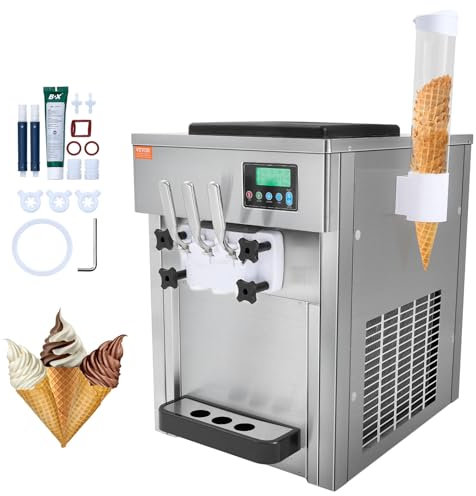 VEVOR Machine à Crème Glacée Commerciale 20 L/h 1800 W 3 Saveurs, Machine à Glace Italienne Trémie 2x4 L, Pré-Réfrigération, Nettoyage Automatique, pour Yaourt Café Snack-Bar Restaurant Supermarché