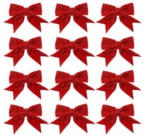 Lyqaq 12 Pcs Red Bows for Christmas Tree, Red Velvet Bows for Christmas Trees Christmas Glitter Wreaths Bow large Christmas Bow for Tree Decoration Xmas Bows Wreaths Xmas Tree Decorations