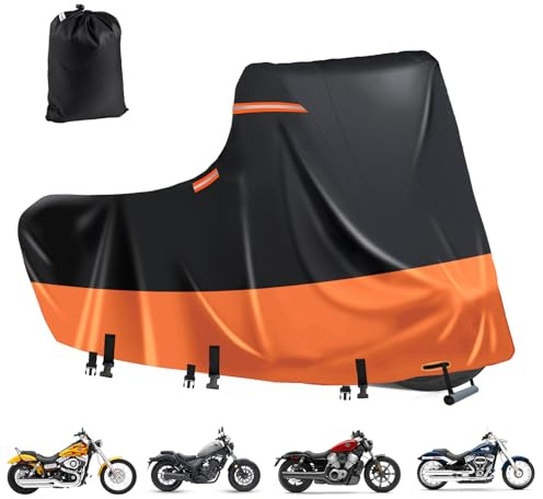 Bâche de Protection imperméable 600D pour Moto, 5 Bandes réfléchissantes, 2 Ouvertures d'aération, pour Softail Standard,Street Bob,Fat Bob,Honda, Suzuki (3XL 276 x 111 x 142cm Noir-Orange)