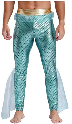 Jugaoge Men's Mermaid Pants King of The Seas Costume Fish Scale Printed Leggings Sea God Poseidon Fish Tail Cosplay Outfit Mint Green L
