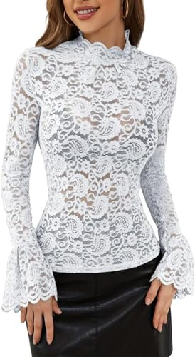 Blusa De Encaje Sexy Elegante para Mujer Blusa Transparente con Cuello Alto Y Manga Farol Blusa Ajustada Informal con Tendencia Callejera Blusas Versátiles (Blanco,XL)