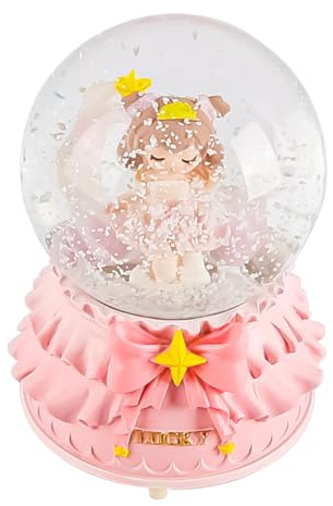Ieron Bola de Nieve giratoria Musical de Princesa con Luces centelleantes, Caja de música Decorativa de Globo de Cristal de 8 cm y Base (Base con Dobladillo de Vestido Rosa)