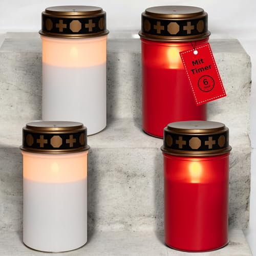 Novaliv Juego de 4 velas LED sin batería y temporizador, 6/18, luz blanca y roja, luz permanente para tumba, velas LED parpadeantes, llama de cementerio, vela conmemorativa, farol para tumba, luz