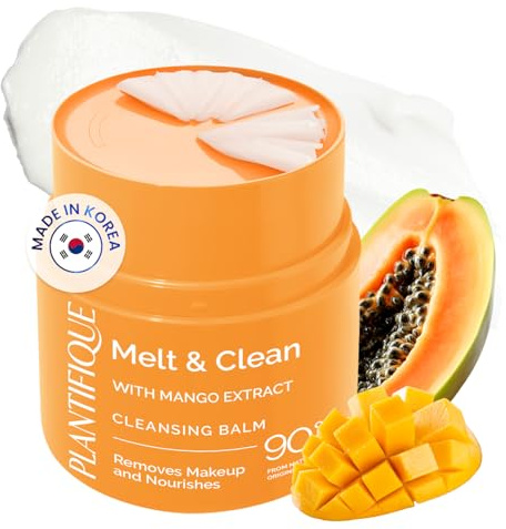 PLANTIFIQUE Korean Cleansing Balm Makeup Remover with Mango, Hyaluronic Acid, and Ceramide - Nourishing Melting Cleanser for All Skin Types, 1.41 oz / 40 g