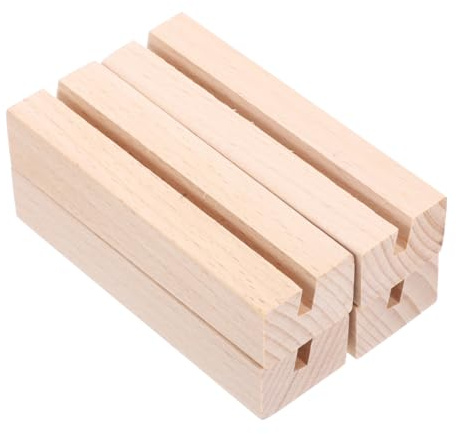 BESTonZON Soporte para tarjetas de madera, 4 unidades, con ranura de 5 mm, soporte para calendario de mesa y soporte para fotos postales, 10 x 3 x 2 cm, robusto y versátil para oficinas y salas de