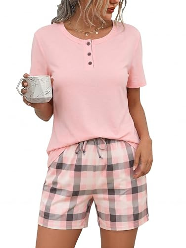Litherday Pijama Mujer Corto Pijamas Mujer Verano de Algodon Conjunto de Pijama Camisetas de Cuadros y Pantalón Cortocon Bolsillos y cordón Suave y Cómodo