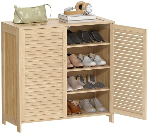 HOMCOM Mueble Zapatero de Bambú, Armario para Zapatos con Puertas de Persiana, Estantes Ajustables, para 14 Pares de Zapatos, Zapatero para Pasillo Recibidor, 80x35x80 cm, Natural