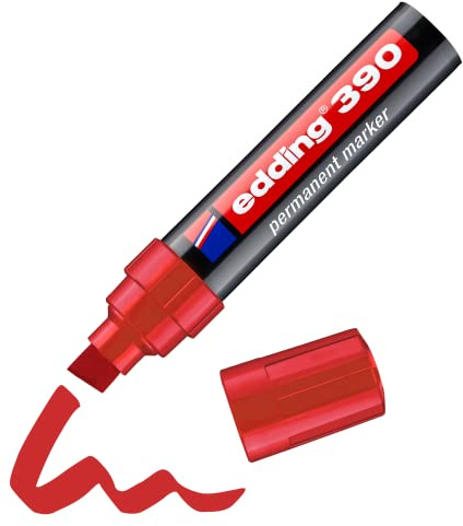 edding 390 permanent markör - röd - 1 penna - tjock fasad spets 4–12 mm - vattentät, snabbtorkande - universell mångsidig markör - för kartong, plast, trä, metall, glas, sten, duk
