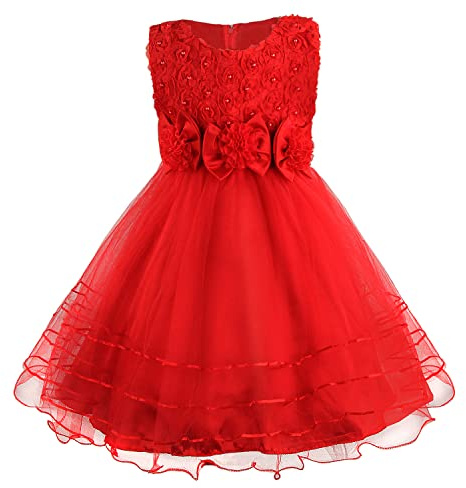 Discoball Girls Princess Dress Rose Flower Bow Tie Party Dresses Tulle Wedding Dresses Bridesmaid Christening Elegant Formal Dress for Girls(Red)