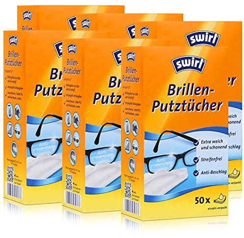 Swirl Brillen-Putztücher 50 einzeln verpackte Tücher in Spenderbox - Anti-Beschlag-Effekt - Extra weich und schonend - Fettlösend - Streifenfrei (6er Pack)