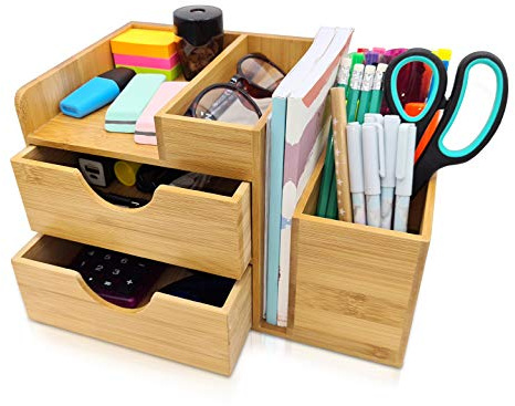 DGREGIO Schreibtisch Organizer Bambus, Nachhaltiger Büroorganizer mit Stiftehalter, Stifteköcher und Schubladen für Büroutensilien HxBxT: 16,5x27x16 cm