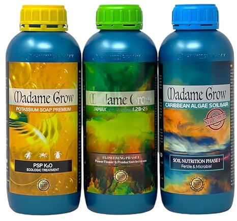 MADAME GROW Kit Jade - para Plantas Verdes, Hortalizas y 420 - Sanas y Saludables - Variado de Fertilizantes o Abonos Naturales, Floración, Algas y Jabón Potásico - Cogollos Ricos y Pesados (3 X 1 L)