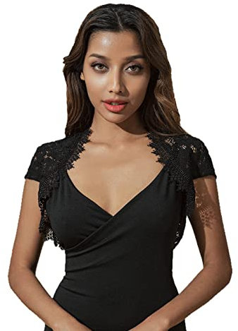 Unicra Abendspitze Bolero Jacke Hochzeit Kurzarm Spitze Topper Shrugs Abschlussball Crop Top Kleid Umhang für Frauen und Brautjungfer Schwarz （L,42）