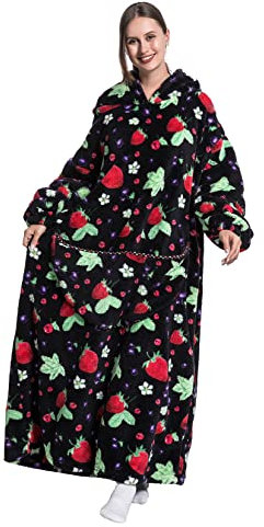 Extra Long Wearable Blanket Hoodie, Oversized Sweatshirt for Women and Men, Super Warm and Cozy Giant Hooded Blanket with Thick Flannel Sleeves and Giant Pocket (Strawberry)
