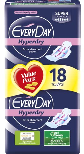 EveryDay Hyperdry Super, Saugfähige Damenbinden mit Flügeln, Hyper Trocken und Ultra Saugfähig, 18 Stück