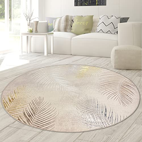 Teppich-Traum Designer Teppich Wohn- & Schlafzimmer Palmenzweige Creme grau Gold Größe 200 cm rund