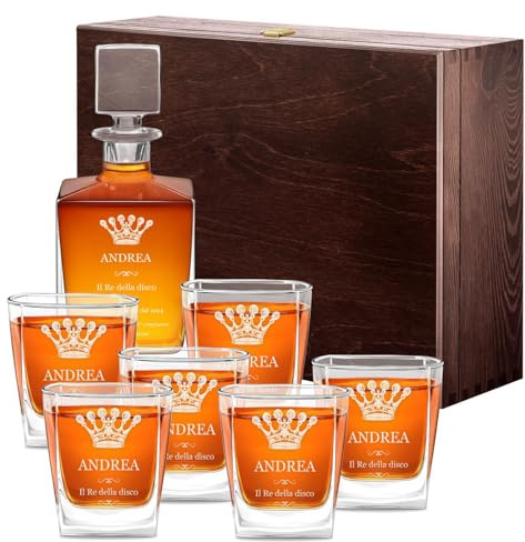 Maverton set Caraffa da whisky e cognac + 6 bicchieri - con incisione personalizzata - Decanter in vetro per whiskey da 0,81 L - Bottiglia per compleanno - pensiero per papà - Re