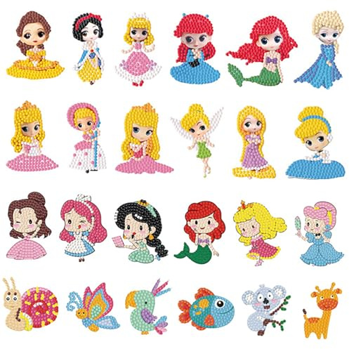 FLYSONG 5D DIY Diamond Art Stickers Kits for Kids, 24 PCS Cute Cartoon Princess and Animals Painting Stickers Beads Handmade Gem for Beginners Children