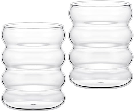 xianynow Lot de 2 Verres à Bulles en Verre en Forme de Vague, Verres à Boire Vintage, Verres à Nervures, pour eau Café Boisson Vin Cocktail Whisky Bière