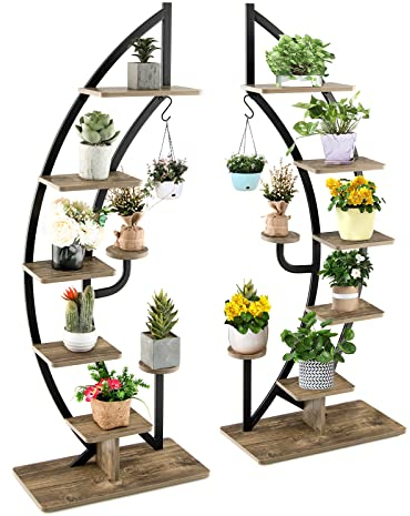 RELAX4LIFE Blumenständer, Pflanzenständer 6-Stufig, Pflanzenregal Metall, Innen & Außen Blumentreppe, Blumenregal mit Ablagen Haken für Wohnzimmer, Balkon, Schlafzimmer (2 Stück, Braun)