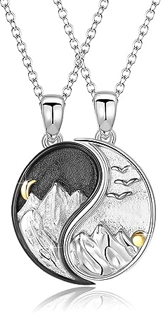 REDSUN Yin Yang halsband 925 sterlingsilver berg sol hänge sol och måne BBF kedja vänskapskedja för kvinnor män vänner par, Sterlingsilver