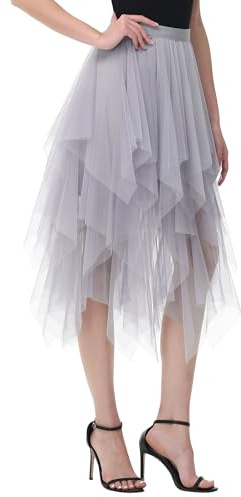 Gonne da donna in tulle High Low a strati, gonna a pieghe midi asimmetrica, gonna di carnevale elegante morbida al ginocchio, gonne da fata voluminose, grigio, Taglia unica