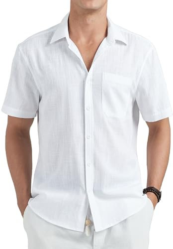 HISDERN White Linen Short Sleeve Shirts for Men Casual Button Down Lightweight Shirts with Pocket for Summer Beach Holiday Regular Fit M